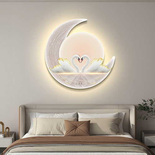 轻奢led带灯卧室床头装饰画天鹅心心相印挂画壁画主卧房间高级感