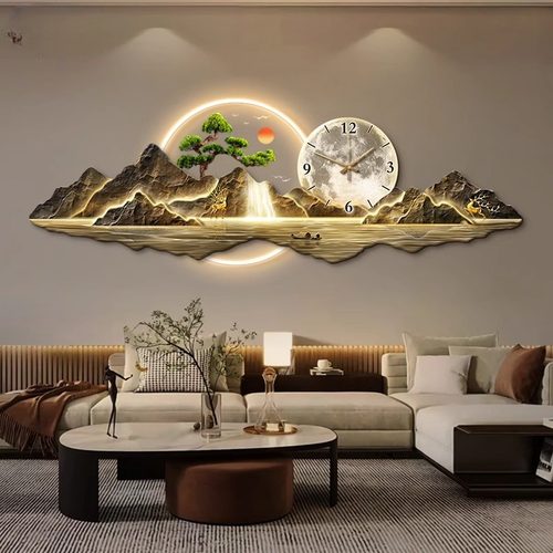 LED灯客厅钟表挂钟新款山水挂画