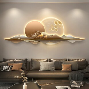 客厅装 饰画现代轻奢山水寓意好LED壁灯画高档大气沙发背景墙挂画