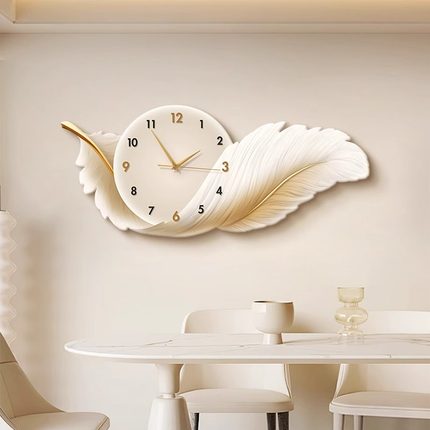 静音钟表挂钟餐厅带灯装饰画羽毛轻奢高级感客厅挂画LED灯画新款