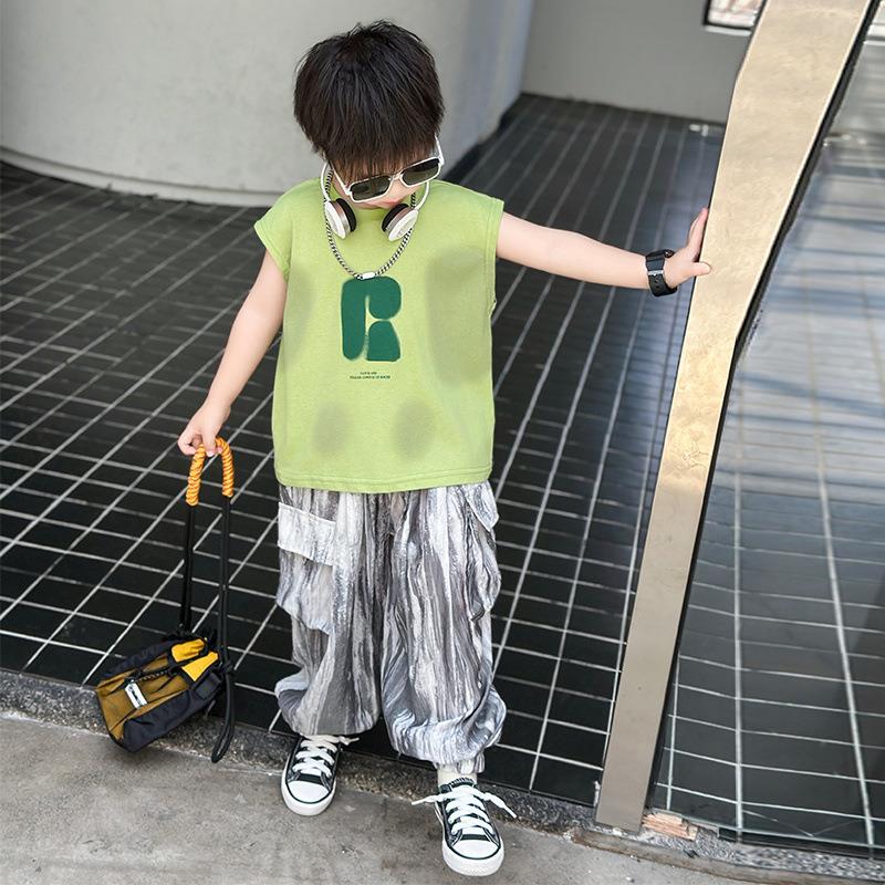 高档梦特叮当潮牌娇猫男童夏款长裤套装2025新款男孩短袖衣服洋气