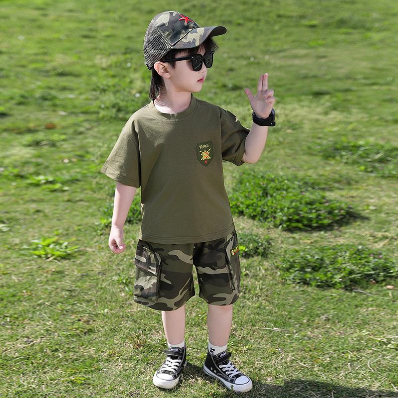 高档梦特叮当潮牌娇猫儿童2025新款迷彩服短袖套装男童夏令营特种