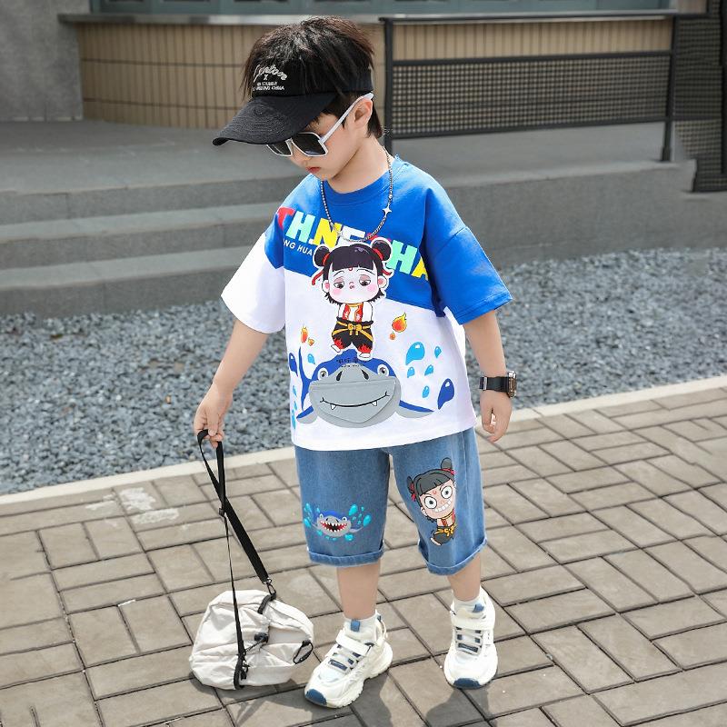 高档梦芭点击潮牌莎酷男童短袖夏季儿童哪吒衣服宝宝帅气牛仔短裤