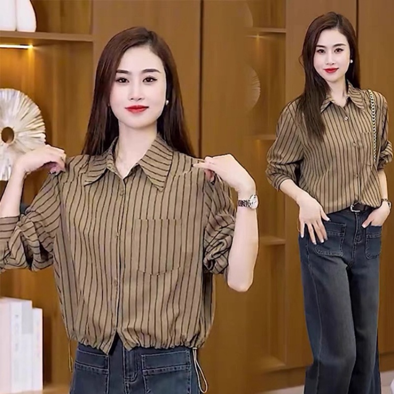 长袖t恤女2026新款秋季穿搭漂亮时尚衬衫高级感收腰短款气质上衣