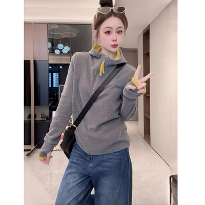 双面绒加厚半拉链连帽撞色卫衣女冬季新款时尚百搭显瘦宽松上衣潮