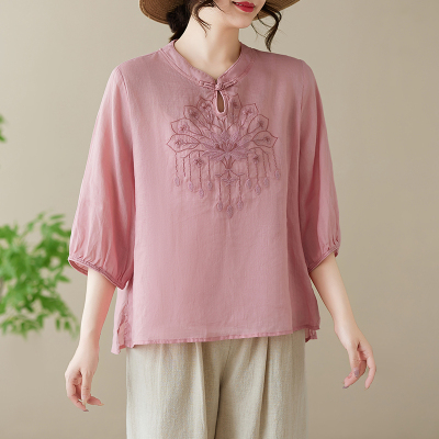 高端亚麻棉麻T恤女夏季大码胖mm遮肚子显瘦七分袖v领苎麻上衣早秋
