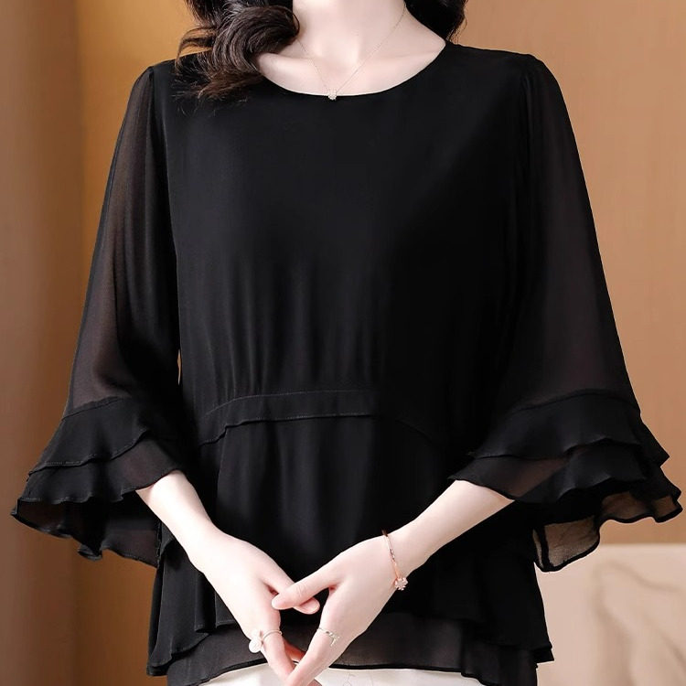 妈妈雪纺衫女短袖夏装百搭遮肉大码宽松上衣洋气超仙胖妹妹韩版薄