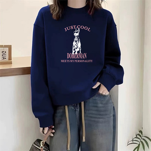 欧货圆领加绒加厚藏青色卫衣女秋冬季宽松高级感时尚百搭印花上衣