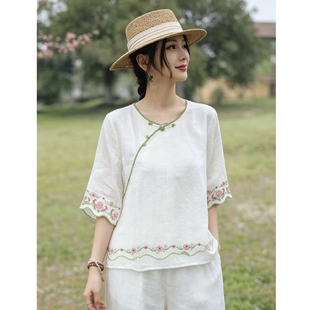 禅意棉麻小衫女刺绣度假旅游休闲圆领夏短袖舒适薄款花边绣上衣