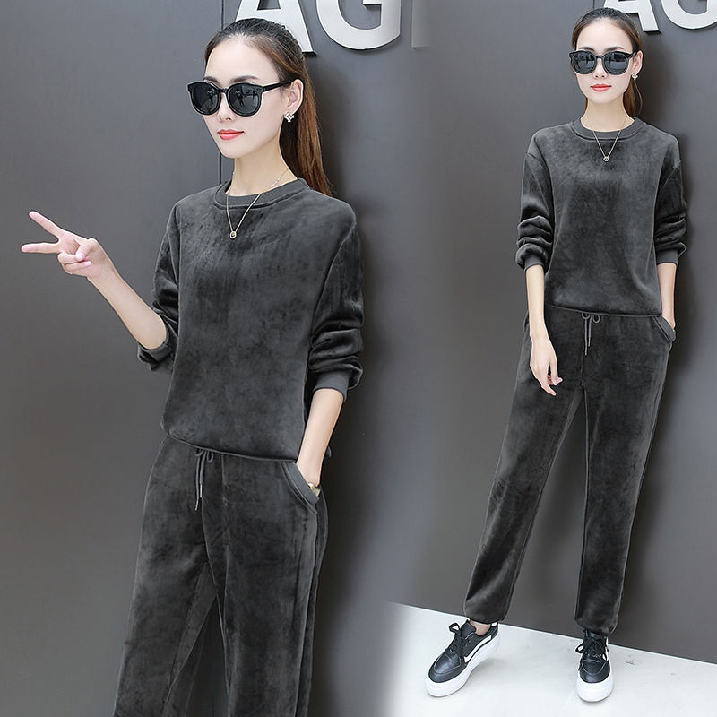 双面绒金丝绒休闲套装女2025秋冬季连帽卫衣运动服两件套妈妈装潮