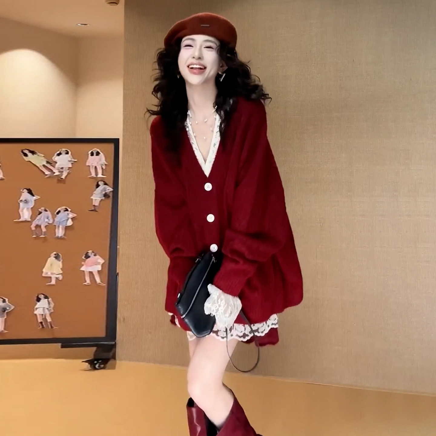 韩系上衣复古针织毛衣红色套装裙高级感内搭巨好看的秋冬装一整套