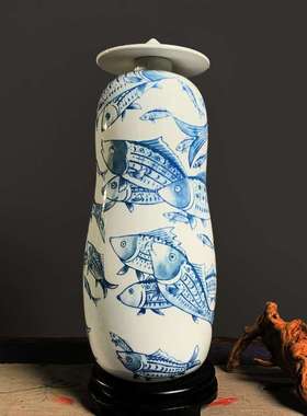 景德镇陶瓷花瓶摆件客厅插花新中式装饰品创意国风青花鱼