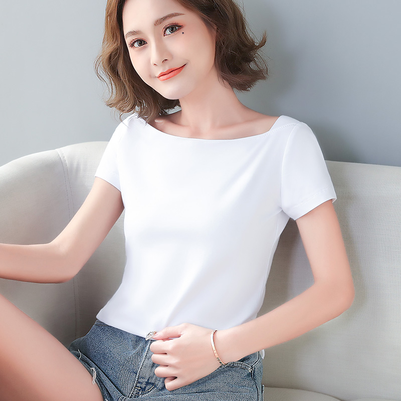 夏季白色一字肩修身短袖t恤女