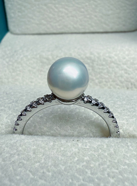 极光无瑕冷白正圆蓝光天然淡水珍珠戒指开口圈可调节复古小香风