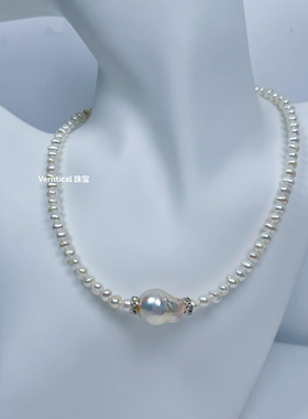 镜面极光蓝粉色大巴无核碎银子纯天然淡水珍珠项链串珠