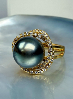 强光绿光正圆天然海水大溪地黑珍珠满钻镶嵌可调节戒指