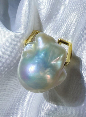 一物一拍强光蓝光冷白大巴洛克天然珍珠方圆戒指可调节