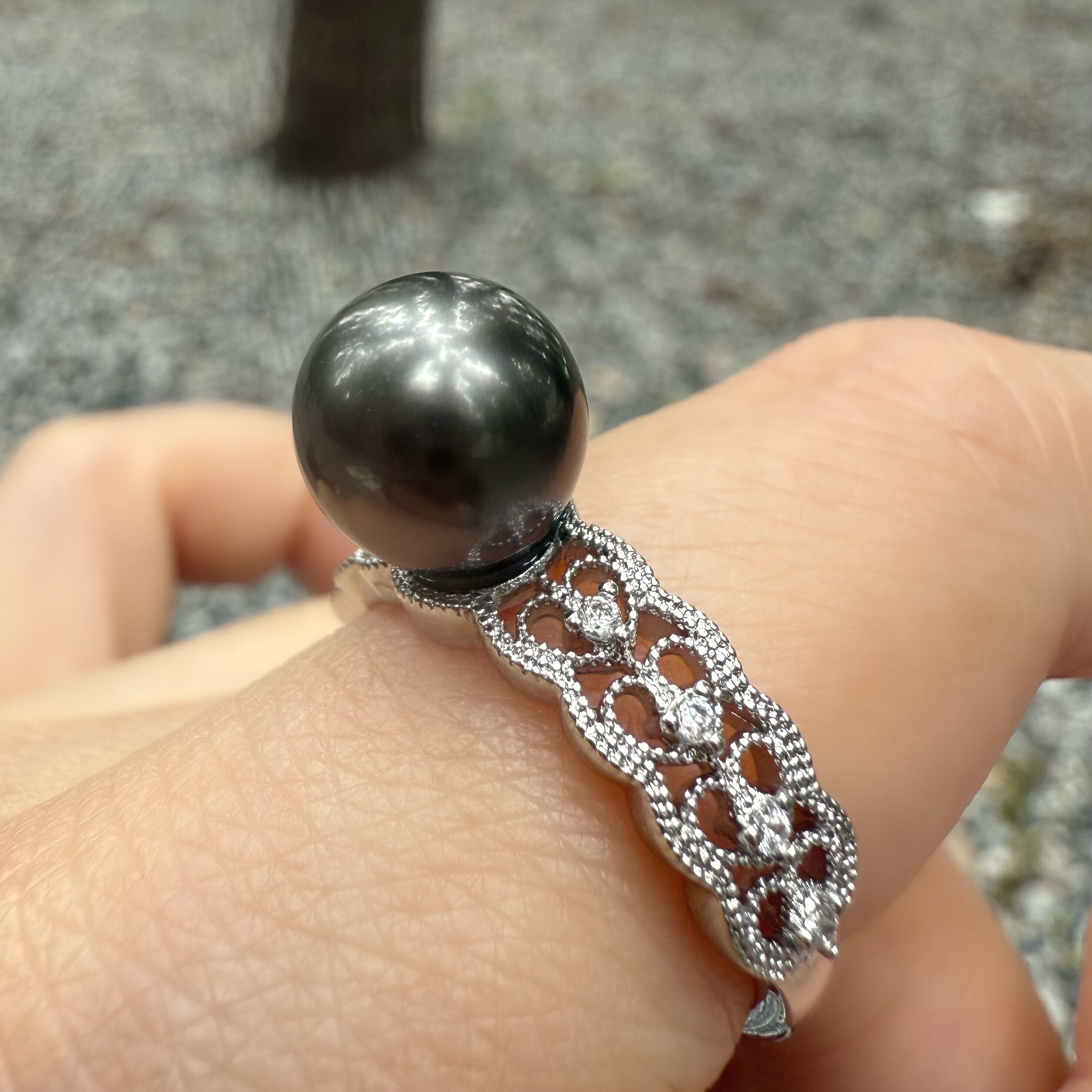 一物一拍极光正圆无瑕大溪地黑珍珠天然珍珠纯银蕾丝开口戒指