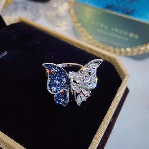 戒指精致蝴蝶锆石微镶森系超仙开口女立体手饰品可调节指环蓝色