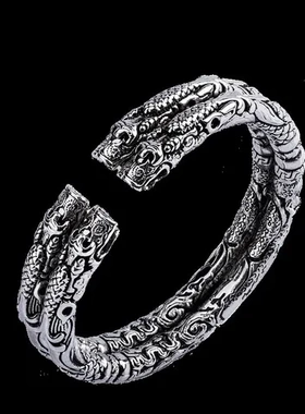 二手环仿泰银情侣响环双龙头复古同款霸气做旧男女手镯开口老九门