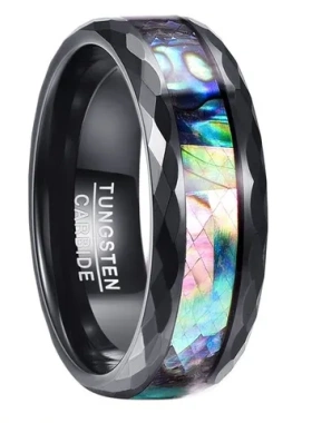 男士宽电镀钨钢镶真空戒指刻面黑色8MM鲍鱼壳现货玫瑰金一件