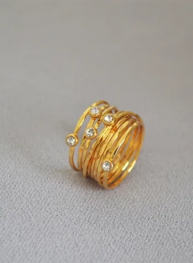 鸟巢锤复古纹理戒指缠绕珍珠打镶钻女法式绕线超美食指戒手工多层