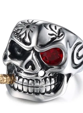 戒指镶钻首饰万圣节雪茄复古烟斗骷髅头指环欧美骷髅男士独眼龙