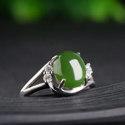 女戒可调节绿色和田玉戒指开口带证书925银直销玉石碧玉镶嵌