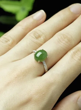 直销戒指玉石证书和田玉指环925纯银碧玉镶嵌天然女戒