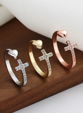 欧美跨境外贸热销镶钻十字架爱心开口戒指几何型桃心女式戒指