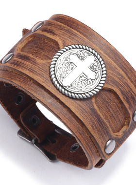 欧美流行复古朋克皮革手链十字架宽皮手链男士皮革手环饰品送男友