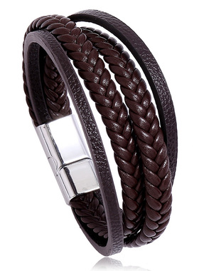 跨境电商饰品多层简约编织男士皮革手链欧美新款磁铁扣仿牛皮手链