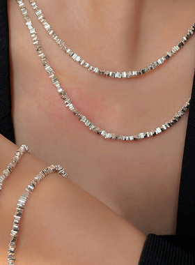 法式碎银子堆砌s925纯银裸链叠戴项链百搭时尚古法素银切片毛衣链