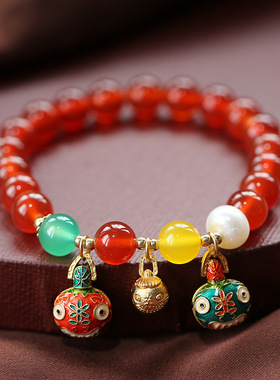 古法烧蓝吞金兽水晶手链女饰天然红玛瑙串珠手串学生闺蜜手环礼物