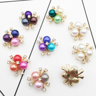 10个韩版 彩色珍珠花心合金花盘钻扣蝴蝶结花蕊手工发饰材料配件