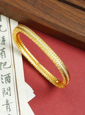 越南沙金镯子宫廷风微镶锆石四方形几何手镯气质高级感手饰品