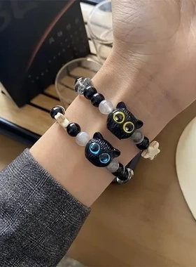 呆萌闺蜜送黑白芝麻小手链罗小黑手串高颜值小众小猫情侣奶酪