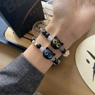 呆萌闺蜜送黑白芝麻小手链罗小黑手串高颜值小众小猫情侣奶酪