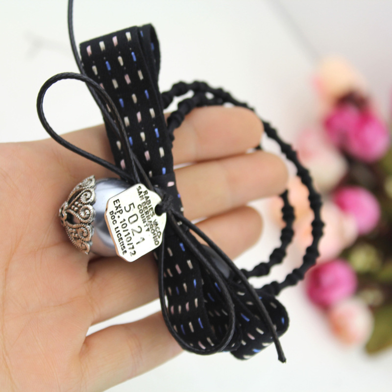 C143-3韩版发饰双层蝴蝶结发饰 字母吊牌弹力皮筋