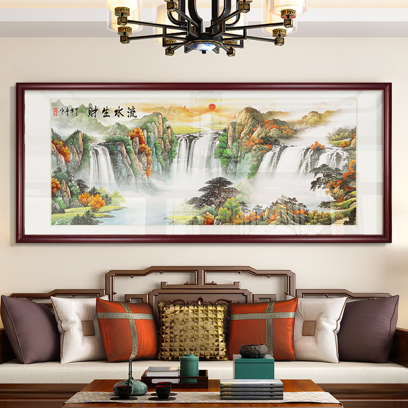 流水生财山水风景画中式挂画客厅装饰画办公室招财风水背景墙壁画