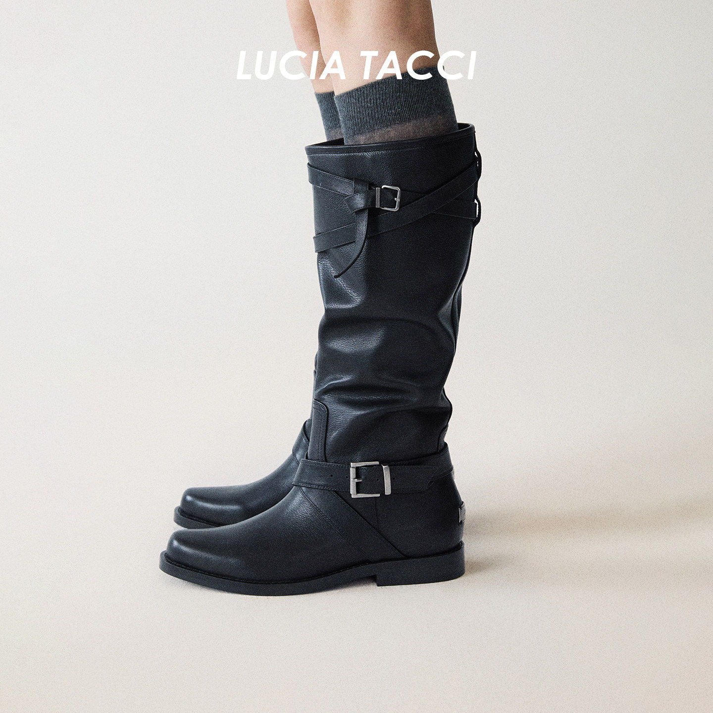 LUCIA TACCI 软牛皮拆卸皮带显瘦版型休闲堆堆长筒靴秋冬经典