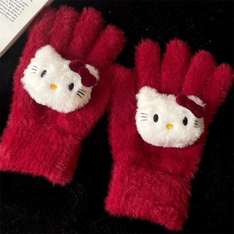 红色Kitty猫兔毛绒手套女2025新款冬季保暖防寒骑车配饰新年礼物