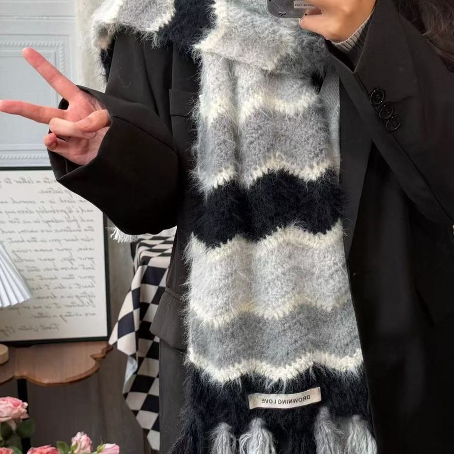 渐变波浪围巾手工编织diy材料包雪羊毛混纺长绒毛线保暖柔软