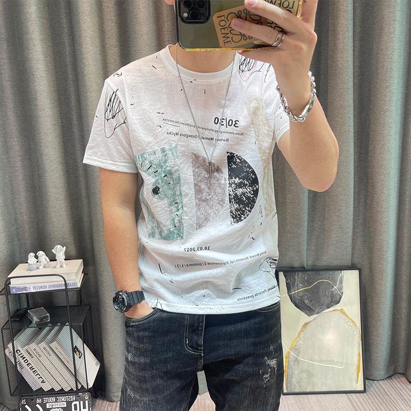 潮牌夏季新款高端男装上衣修身印花体恤衫短袖t恤男天丝棉麻衣服