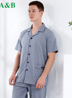 ab内衣睡衣男纯棉翻领开襟起居服短袖长裤男士家居套装G411