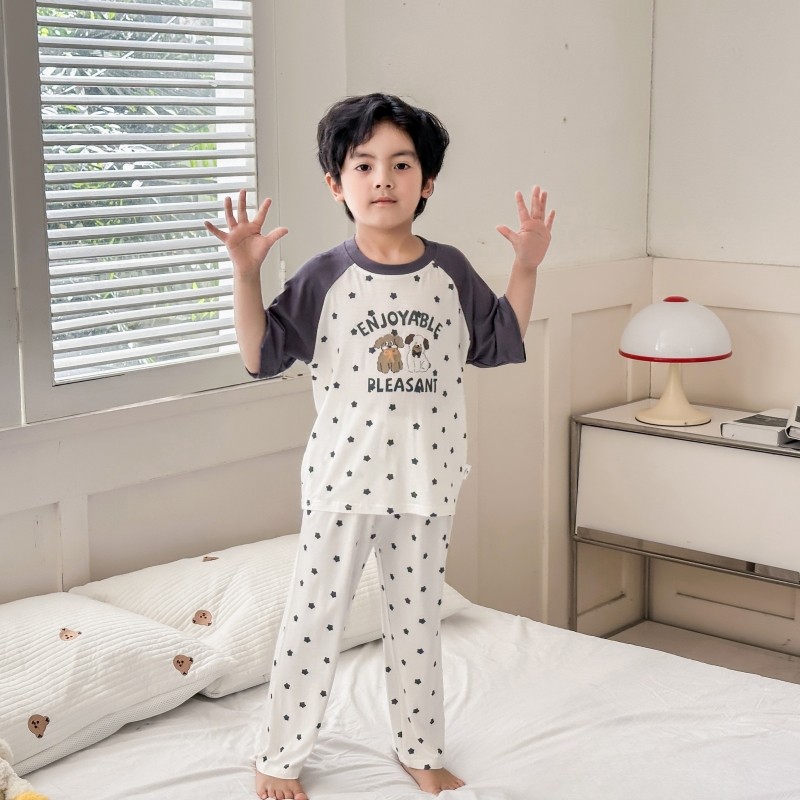 儿童睡衣套装夏季短袖长裤冰丝莫代尔宝宝男童薄款透气卡通家居服