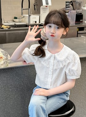 女童纯棉蕾丝花边衬衫上衣短袖