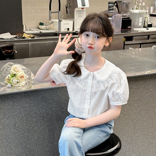女童纯棉蕾丝花边衬衫上衣短袖