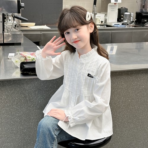 女童法式白色长袖衬衫新款上衣春