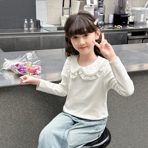 女孩春秋纯棉蕾丝花边打底衫